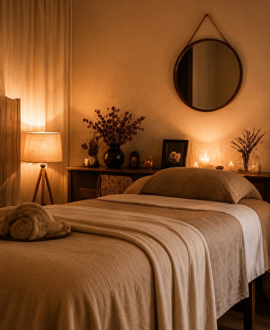 La table de massage du cabinet, lumière tamisée