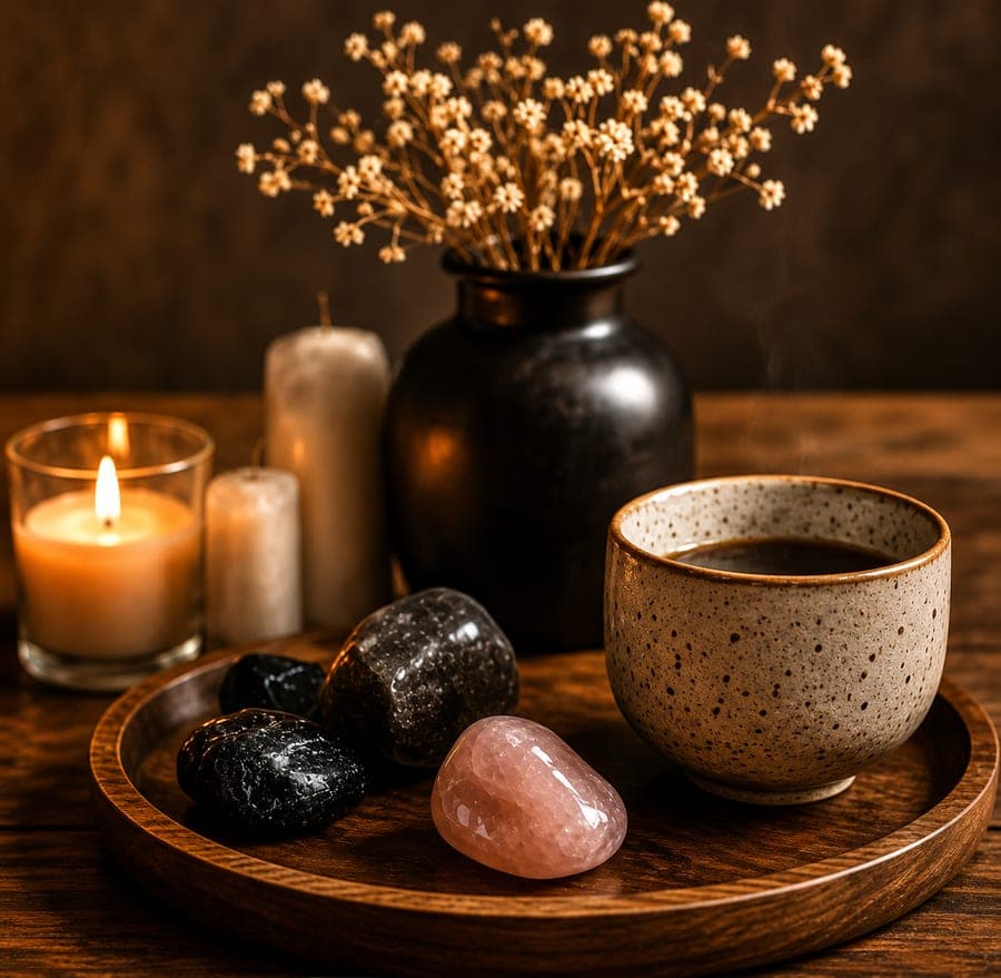 Céramiques, pierres et tasse de tisane