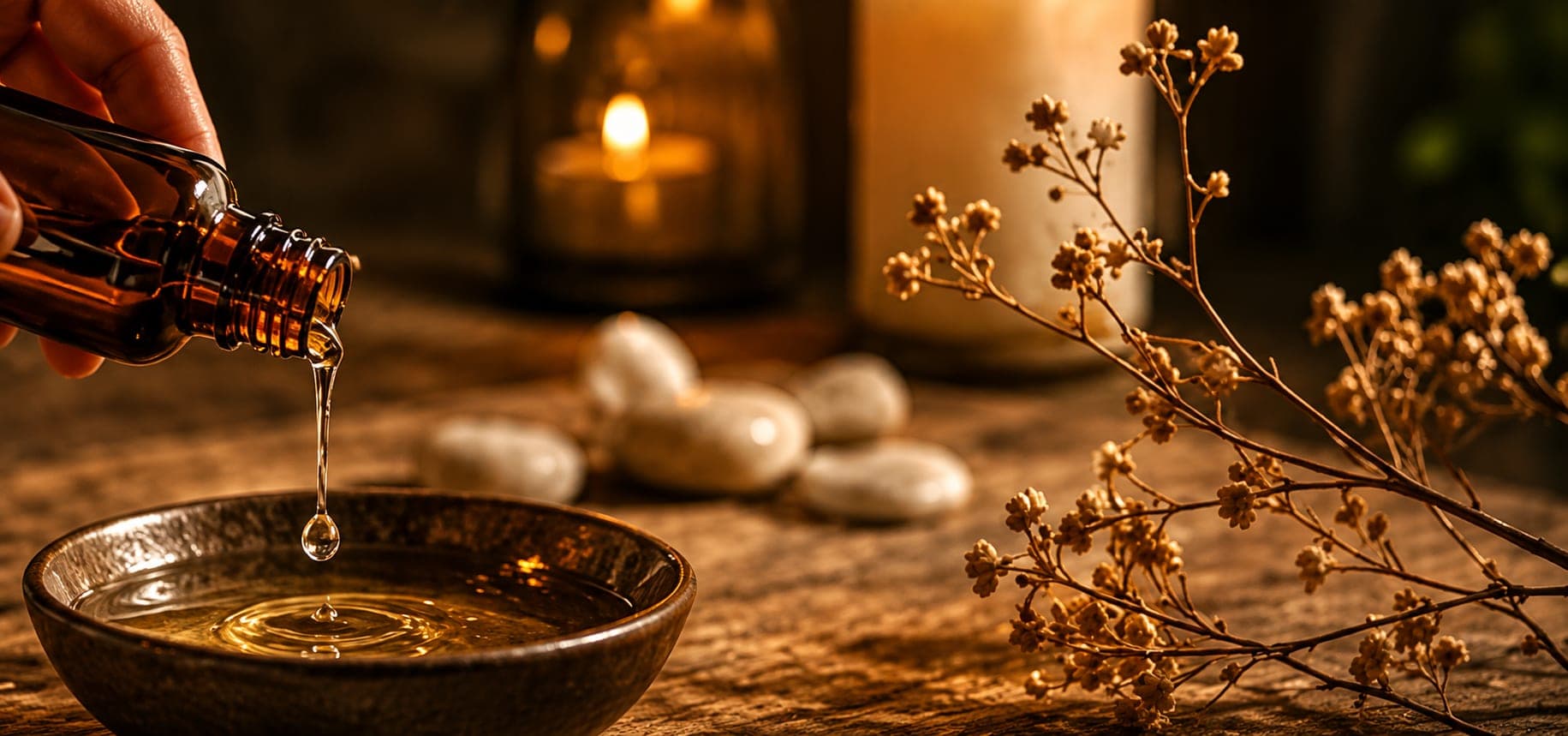 Huile de massage versée dans un bol en céramique
